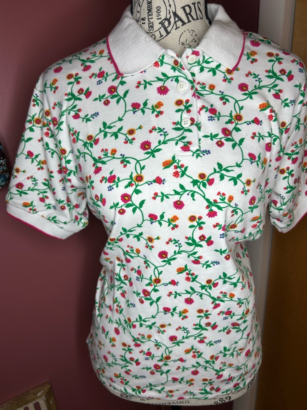 White and Red Floral Button-Down Polo with Pink Trim